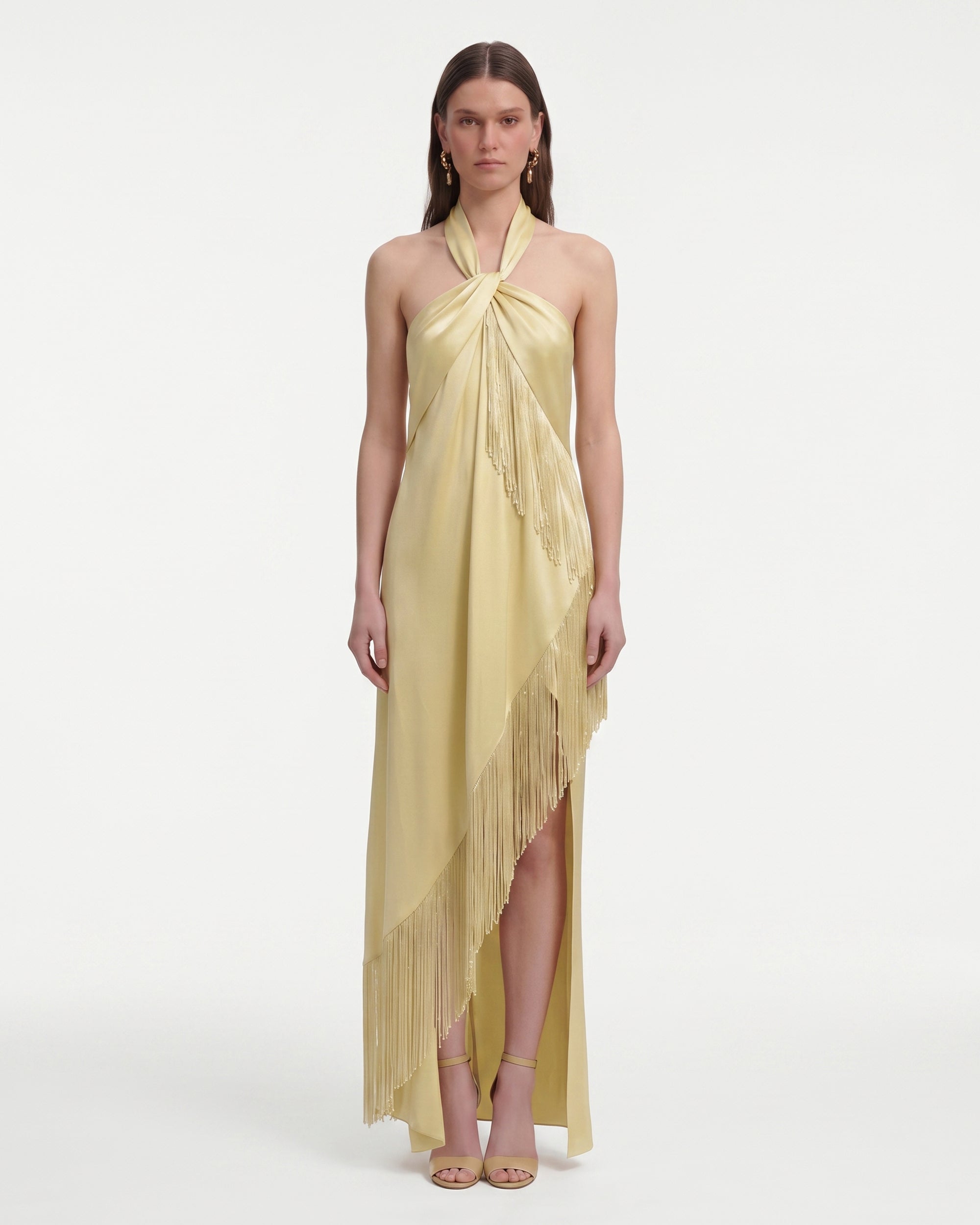 Fringe Halter Draped Satin Maxi — Champagne by JW PEI